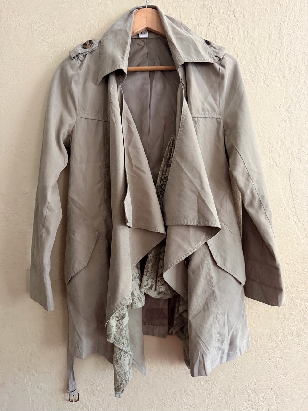 Light Green Draped Trench Coat with Lace Trim